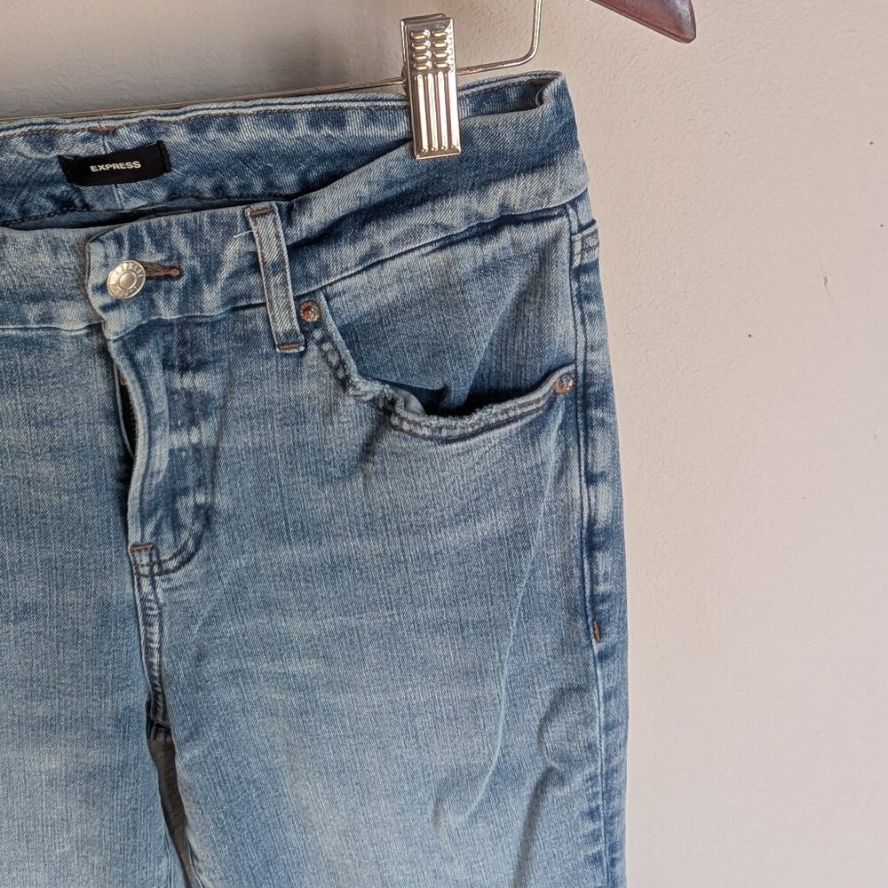 Express 70s flare Mid-Rise Flex Hyper Stretch Denim Jeans Medium Long 6/8/10 - Picture 5 of 11